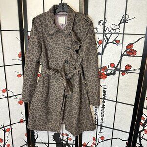 Rebecca Taylor Trench Coat Jacket Size 8 Brown Cheetah Leopard Print Wool Blend